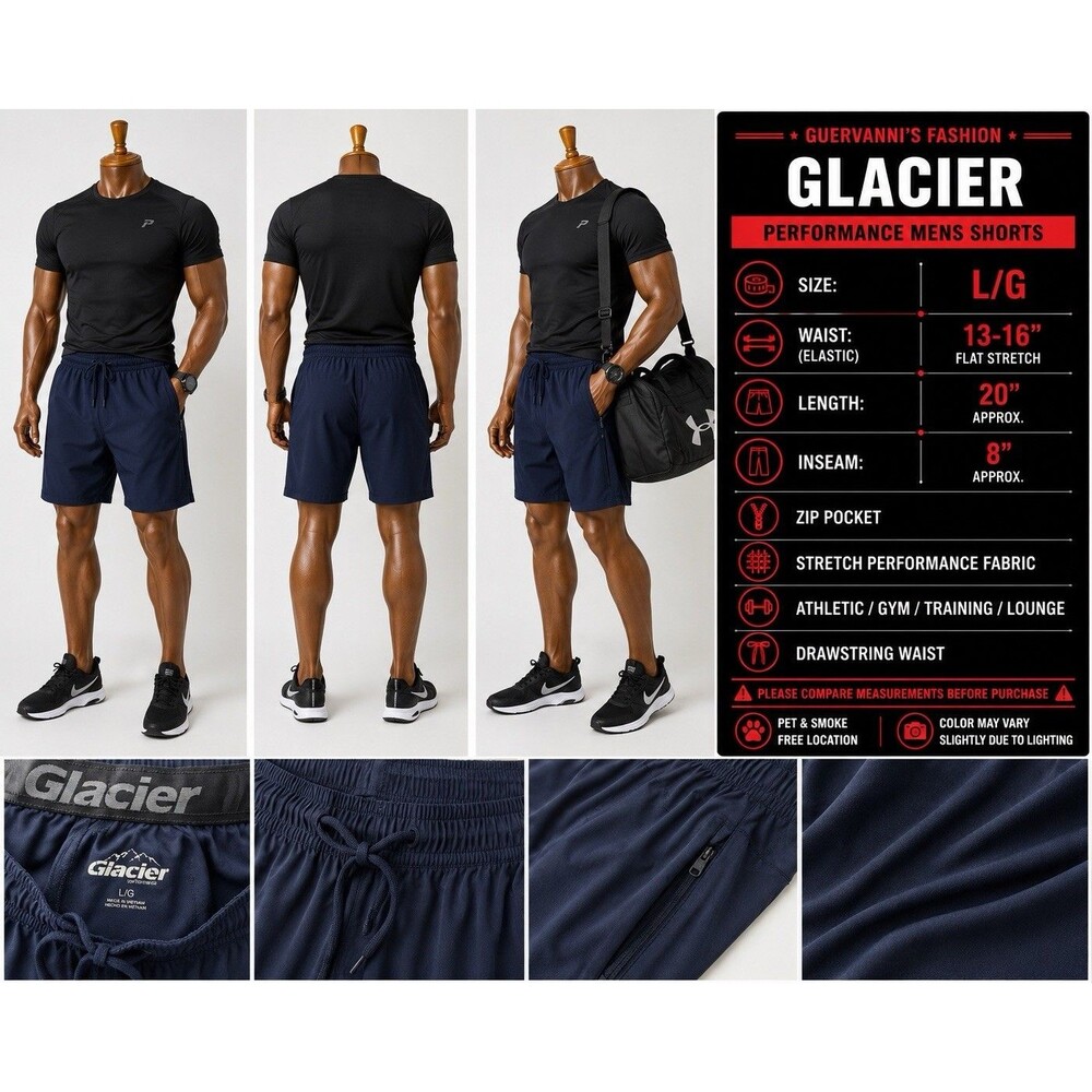 Glacier Men's Performance Shorts Navy  blue Drawstring Stretch Gym Activewear L